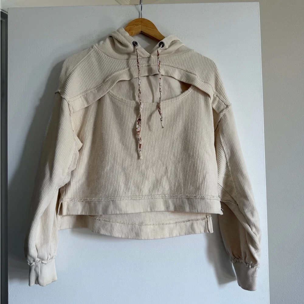 Anthropologie Pilcro Ivory Ribbed Cut Out Hoodie Top size XS EUC - Picture 3 of 8